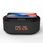 Bedside Wireless Charging Radio Alarm Clock with Dimmable LED Display - Mains Powered Non Ticking Dual Alarm Clock with USB Charger and Bluetooth Speaker (Black)
