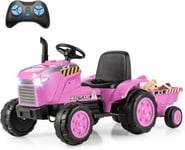 Tracteur Electrique Enfants 12V avec Remorque Amovible 3 Vitesses Télécommande Lumières LED Son Voiture Électrique Rose