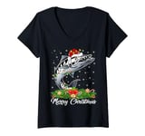 Womens Xmas Lighting Decor Santa Hat Barracuda Fish Christmas V-Neck T-Shirt