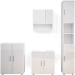 Ensemble de meubles de salle de bain Irma, Blanc Haute brillance, 4 pièces, avec armoire haute et commode Vicco