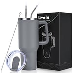 Livole 40oz Tumbler with Handle, 1200ml Leakproof Vacuum Travel Mug for Cold Hot Drink, Insulated Coffee Cup with Straw and Lid, Stainless Steel Water Bottle for Travel, Camping, Sports, Grey