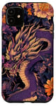 Coque pour iPhone 11 Violet Art Déco Floral Dragon Japonais Samouraï Esthétique