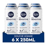 NIVEA MEN Gel Douche Sensitive (lot 6 x 250 ml) — Soin lavant enrichi à l'extrait de Bambou — Gel douche homme 3 EN 1 — Soin nettoyant doux Corps Visage & Cheveux pour les peaux sensibles