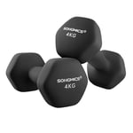 SONGMICS Lot de 2 haltères, 2 x 4 kg, en forme d'haltères, courts, hexagonaux, revêtement en néoprène, pour la musculation, l'entraînement, le fitness, pour la maison, noir d'encre SYL068BK