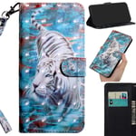 DodoBuy 3D Case for Huawei Y6p, Flip Wallet Phone Cover PU Leather with Card Slots Kickstand Magnetic Closure Wrist Strap - White Tiger