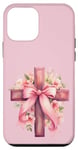 Coque pour iPhone 12 mini Pink Christian Cross Graphic For Women Girl Wildflower Cross