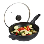 Relaxdays 10031502 Wok Pan with Glass Lid 30 cm Non-Stick Coating for Induction Gas Electric Cooker 4 L Black, Aluminium