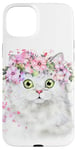 Coque pour iPhone 15 Plus Chat blanc avec couronne de fleurs roses et yeux verts design mignon