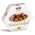 Choklad täckt Turkish delight med pistagenötter