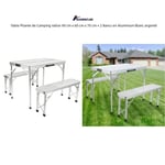 QUIIENCLEE Table Pliante de Camping d'extérieur Valise 90 cm x 60 cm x 70 cm + 2 Bancs en Aluminium Blanc argenté