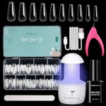 TOMICCA Capsule Americaine Ongle-Pose Americaine Ongle Kit, 500 PCS Capsules Ongle Ballerine Long,Portable Lampe UV Ongle Et 15ML Colle Faux Ongles, Ongle Gel Kit Complet