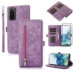 Asuwish Phone Case for Samsung Galaxy S20 FE 5G 6.5 inch Wallet Cover With Tempered Glass Screen Protector Flip Zipper Card Holder Stand Cell S 20 EF UW S20FE5G S20FE 20S S2O Fan Edition 4G G5 Purple