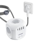 LENCENT Cube rallonge électrique multiprise 2M avec 4 Prises AC, 3 USB et 1 Type C, Fiche Plate, Protection Contre Les surtensions avec Interrupteur pour Cuisine, Bureau, Tressé Câble