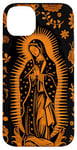 Coque pour iPhone 14 Plus Orange Paisley Vierge Marie Guadalupe minimaliste catholique