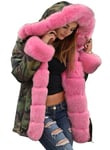 Aox Women Fashion Faux Fur Hooded Camouflage Military Winter Coat Pink Lady Jacket Outdoor Parka Anoraks (UK, 8, Pink Camo 7005)