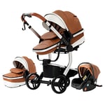 Magic ZC PU Leather 3 in 1 Pushchair Pram Travel System, Baby Stroller 3 in 1 with Reversible Two Pushing Modes, Newborn Infant Carriage One-Click Folding, Toddler Buggy Aluminum Frame (Khaki 518)