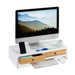 Relaxdays Bamboo PC Monitor Stand, Screen Riser with 2 Drawers & Compartments, Computer Workstation HWD 14 x 60 x 30 cm, White/Natural