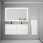 Ensemble meuble double vasque L.120cm 4 tiroirs + lavabo + LED miroir + colonne,blanc