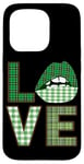 iPhone 15 Pro Green Plaid Lips Love Text Case