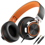 Ailihen C8 Headphones Wired with Microphone Foldable and Adjustable On-Ear Headsets Volume Control HD Stereo Sound 3.5mm Jack for Chromebook, Laptop, Smartphone, Study, Office, Travel (Black/Orange)