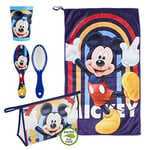 CERDÁ LIFE'S LITTLE MOMENTS, Trousse Toilette Enfants Transparente Mickey Mouse Composé [ Verre en Plastique + Brosse à Cheveux + Serviette en Microfibre ], Licence Officielle Disney Bleu