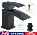 Black Square Waterfall Cloakroom Large Basin Mixer Tap Sink Mono Bathroom &Waste