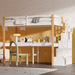 Lit mezzanine 90x200cm - lit enfant avec sommier à lattes, échelle avec étagères de rangement et bureau avec é tiroirs - Naturel