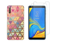 NOVAGO Compatible avec Samsung Galaxy A7 2018 A750 (3 en 1) Coque Souple Transparente Anti Choc +2 Films écran en Verre trempé résistant Anti Explosion d'écran (Triangles)