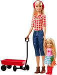 Barbie Famille Coffret poupée et Mini-poupée Chelsea à la Ferme, fermières avec Chariot Rouge et Carottes, Jouet pour Enfant, GCK84
