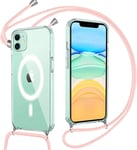 Magnétique Coque Pour Iphone 11 Avec Cordon, Silicone Étui Compatible Avec Magsafe, Housse Transparente Avec Collier Antichoc Etui Pour Iphone 11, Bandoulière, Rose