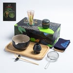 TEANAGOO Set de thé Matcha avec plateau, set de thé japonais, bol de Matcha, fouet en bambou, tamis, support pour fouet à Matcha, set de fouet à Matcha, O1, gris anthracite