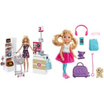 Barbie Doll, Blonde, and Grocery Store with Rolling Cart and Working Belt, 3 Years+, FRP01 & Chelsea Travel Doll, Blonde, with Puppy, Carrier & Accessories, 3 to 7 Year Olds, FWV20