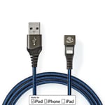 Nedis USB-kabel | USB 2.0 | Apple Lightning 8-Pinners | USB-A Han | 12 W | 480 Mbps | Nikkel belagt | 2.00 m | Rund | Flettet / Nylon | Blå / Sort | Deksel Vindusboks