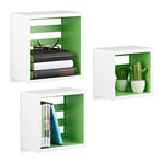 Relaxdays Étagère suspendue lot de 3 cubes flottants support mural meuble rangement bois MDF carré, blanc-vert