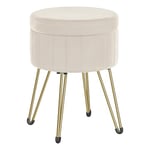 SONGMICS Tabouret Rangement, Siège Rond, Tabouret Coiffeuse, Pouf en Velours, Repose-Pieds, 39 x 44,4 cm (Diamètre x H), 4 Pieds en Métal, pour Coins Beauté, Salon, Chambre, Blanc Crème LOM003W01