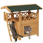 Outdoor Wooden Cat Shelter Puppy Kennel w/ Balcony Stairs, Natural Wood Finish