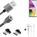 Magnetic charging cable + earphones for OnePlus 8 + USB type C a. Micro-USB