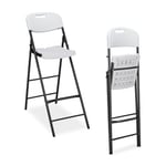 Relaxdays Tabouret de Bar Pliant, Lot de 2, avec Dossier, HLP : 118 x 44,5 x 82 cm, Plastique & Acier, Blanc