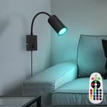 Applique murale LED, dimmable avec télécommande, lampe de chambre avec prise, liseuse, changement de couleur RVB, flexible, interrupteur, métal noir,