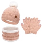 Enfants Bébés Hiver Bonnet Gants Tactiles Écharpe Ensemble Bonnet Pompon Moufles Cache-Cou avec Doublure Polaire pour 5-8 Ans Fille Garçon