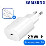 Original 25W Chargeur Secteur Blanc Prise de Courant Adaptateur Charge Fast Rapide + Câble Cordon USB-C vers Type-C Origine Pour Samsung Galaxy A52 / A52s / A53 / A70 / A70s / A71 / A72 5g