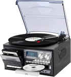 9 En 1 Platine Vinyleà 3 Vitesses, Grammophone Bluetooth Avec Lecteur Cd/Cassette, Radio Am/Fm, Ports Usb/Sd/Mmc, Entrées Aux/Rca Et Haut-Parleurs Stéréo Intégrés, Design Gris Noir