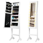 GOPLUS Armoire à Bijoux, Armoire a Bijoux avec Miroir sur Pied avec Lumières LED, Miroir Intégré, Organisateur de Bijoux Verrouillable avec Crochet de Collier, 4 Etagères (Blanc)