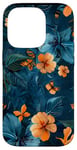 Coque pour iPhone 14 Pro Motif floral abstrait bleu avec abeilles tropicales vintage