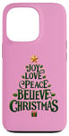 iPhone 13 Pro Cute Green JOY LOVE PEACE BELIEVE CHRISTMAS Tree Girls Pink Case