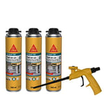 SIKA - Lot de 3 x Mousse polyuréthane Expansive Sika Boom 528, Pistolable & Réutilisable, Rendement 23L, pour jointer, calfeutrer, isoler, 500ml Blanc + Pistolet Foam Gun pour mousse expansive