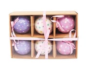 Ciao Set of 6 decoupage Christmas Tree Balls (Ø7,5cm) Dots, Hearts & Stars with Fabric Ribbon in Havana giftbox