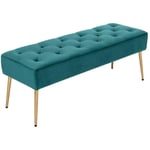 Banc banquette rembourré capitonné en tissu velours bleu pétrole pieds métal doré