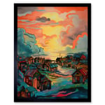 Atmospheric Clouds Over Mono Fishing Village Cabins at Dawn Modern Watercolour Painting Art Print Framed Poster Wall Decor 12x16 inch