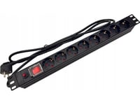 Alantec Uttagslist 19" 230V - 8 Uttag (Typ F - Cee 7/3 Schuko), Med Led-Omkopplare, Med Överbelastningsskydd, Kabel 1,8M Cee 7/7 Alantec